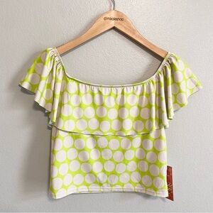 NWT Kortni Jeane Lime Green Polka Dot Flutter Sleeve Tankini Swim Top Size Med